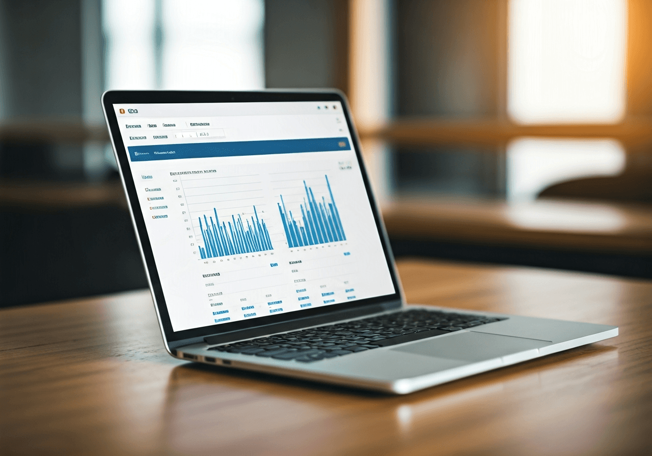 A professional laptop screen showing a clean dashboard of e-commerce logistics software with data charts, modern office environment, blurred background, editorial photography, soft natural light, 85mm lens, highly detailed, no text, no letters