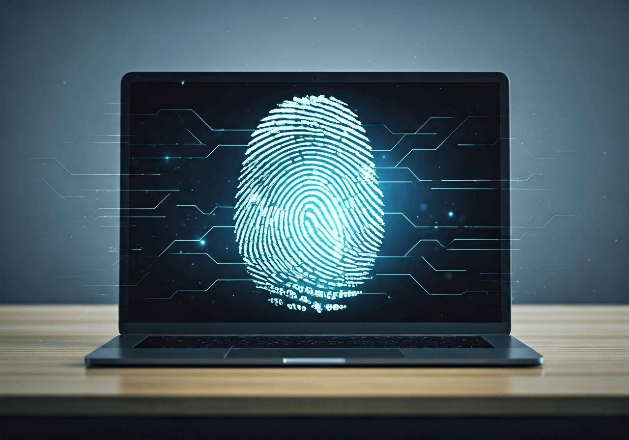 A conceptual shot of a glowing digital fingerprint overlaying a sleek, modern workstation screen, symbolizing cybersecurity defense, clean minimalist aesthetic, professional editorial style, soft cinematic lighting, 85mm lens, no text, no words, no letters