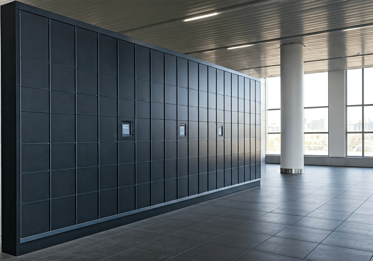 A sleek, modern automated luggage storage locker system in a clean, minimalist urban terminal, soft natural light, editorial photography, 85mm lens, high quality, no text, no letters