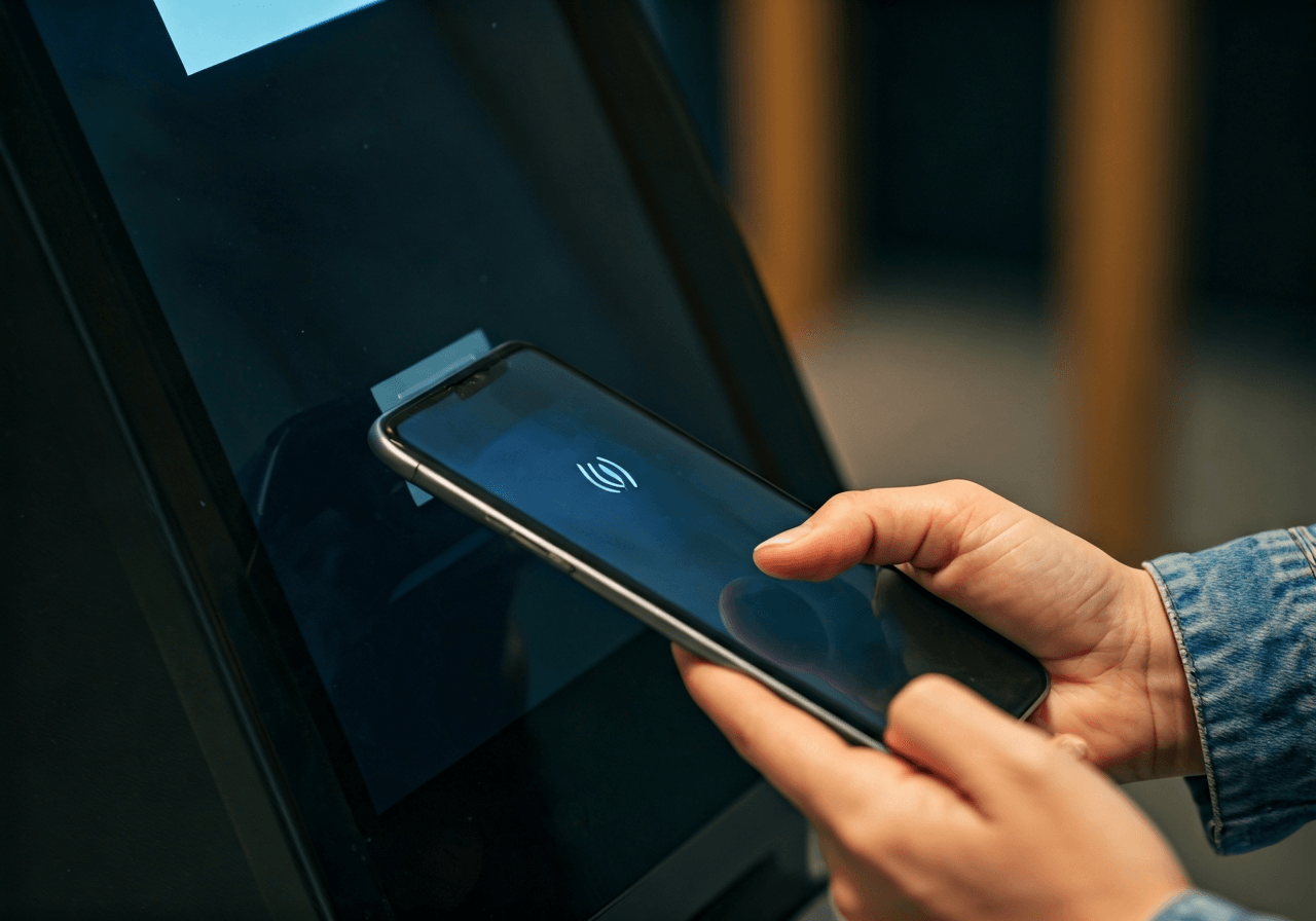 A close-up of a person using a smartphone to complete a contactless payment on a modern digital kiosk, clean urban interior, professional travel setting, editorial photography, soft natural light, 85mm lens, high quality, no text, no letters
