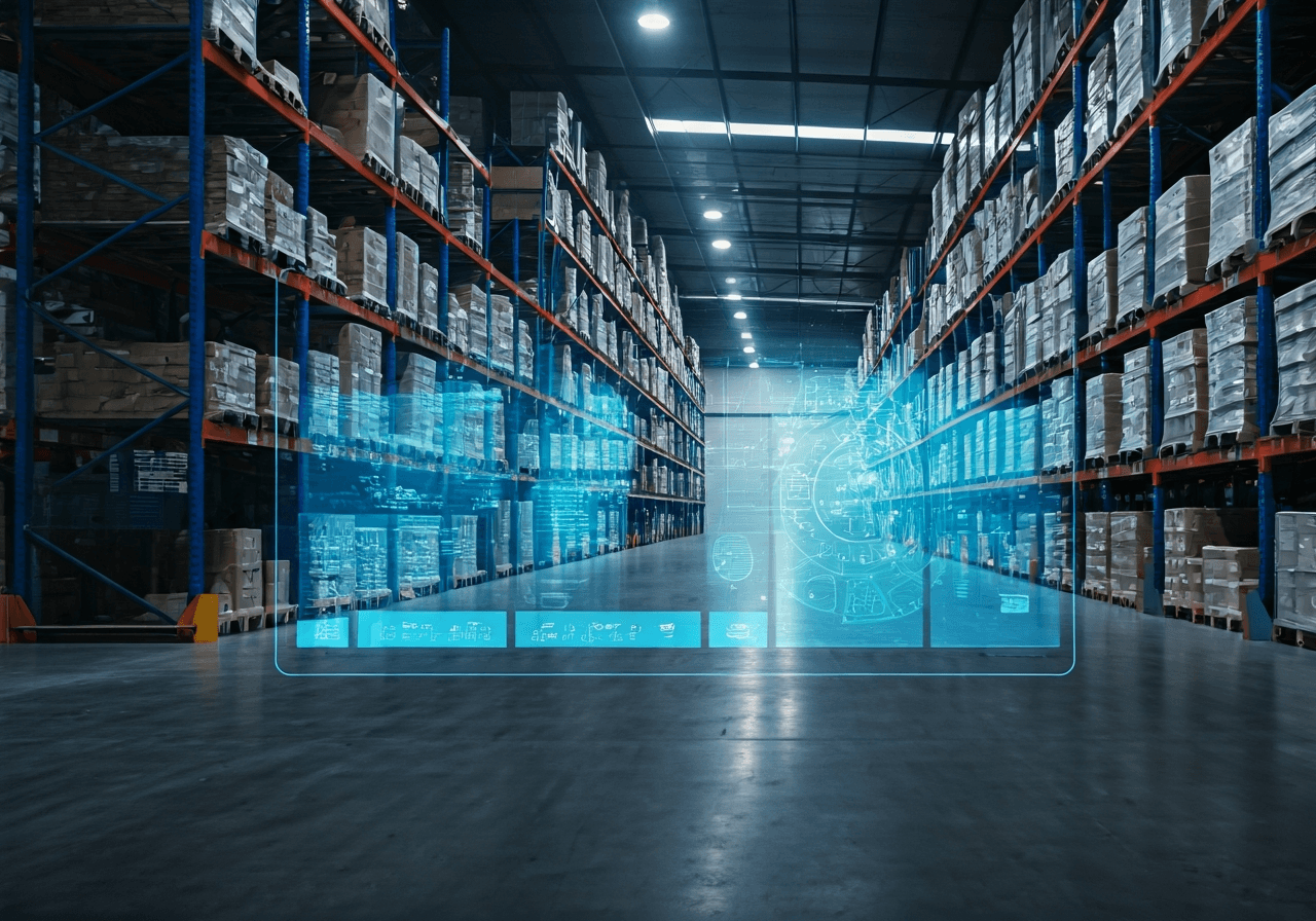 A professional logistics innovation concept, a sleek modern warehouse environment meeting a high-tech digital interface, professional editorial photography, clean lines, soft natural lighting, 85mm lens, high resolution, no text, no words, no letters.
