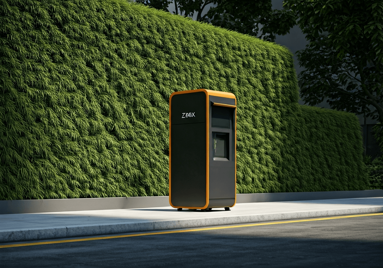 A sleek, modern Z-BOX parcel terminal integrated into a clean, minimalist urban environment with lush greenery in the background, soft morning sunlight, editorial photography style, 85mm lens, high quality, no text, no words, no letters