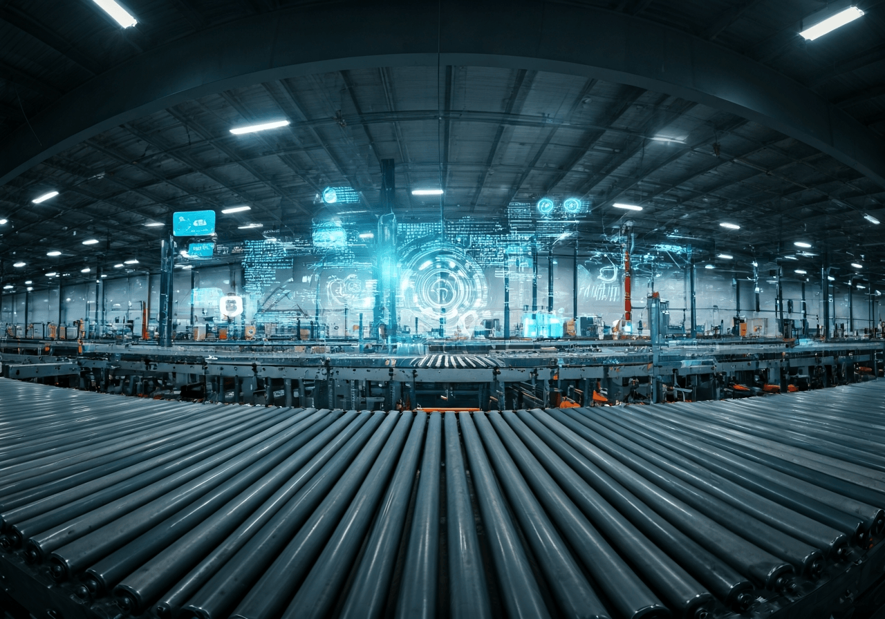 A wide-angle view of a modern automated logistics warehouse, sleek conveyor belts, glowing digital interface overlays representing global flow, soft ambient lighting, clean and professional aesthetic, 85mm lens, highly detailed, no text, no letters