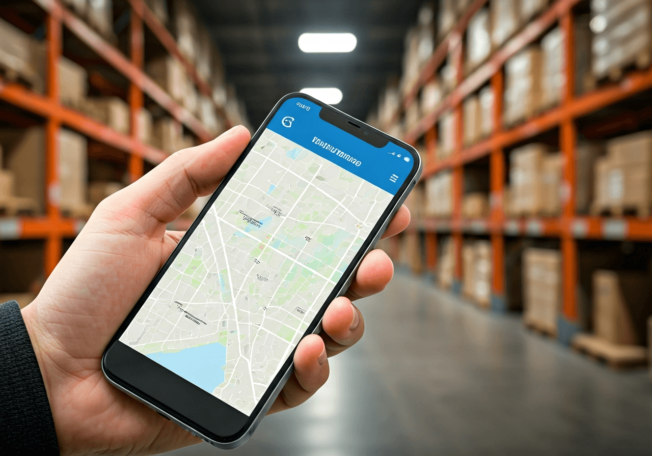 A professional close-up shot of a smartphone held in a hand showing a shipment tracking map interface, blurred modern logistics warehouse background in Hostivar, premium editorial aesthetic, soft cinematic lighting, 85mm lens, depth of field, no text, no words, no letters.