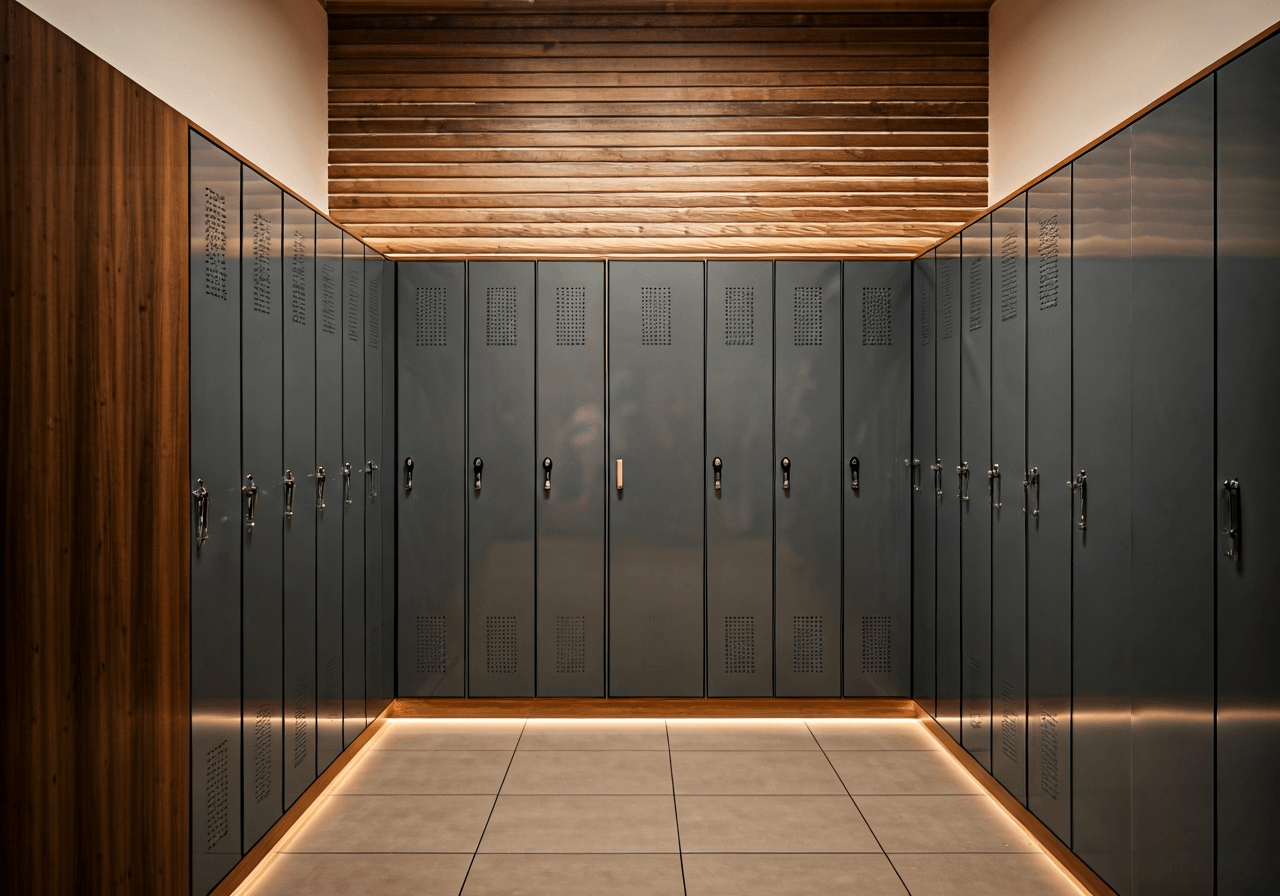 Aqualand Moravia úschovna zavazadel? (Vše co víme!) 2 Editorial photography, rows of modern sleek lockers in a bright waterpark changing room, clean minimalist design, wooden textures, soft natural light, 85mm lens, high-end resort aesthetic, no text, no letters