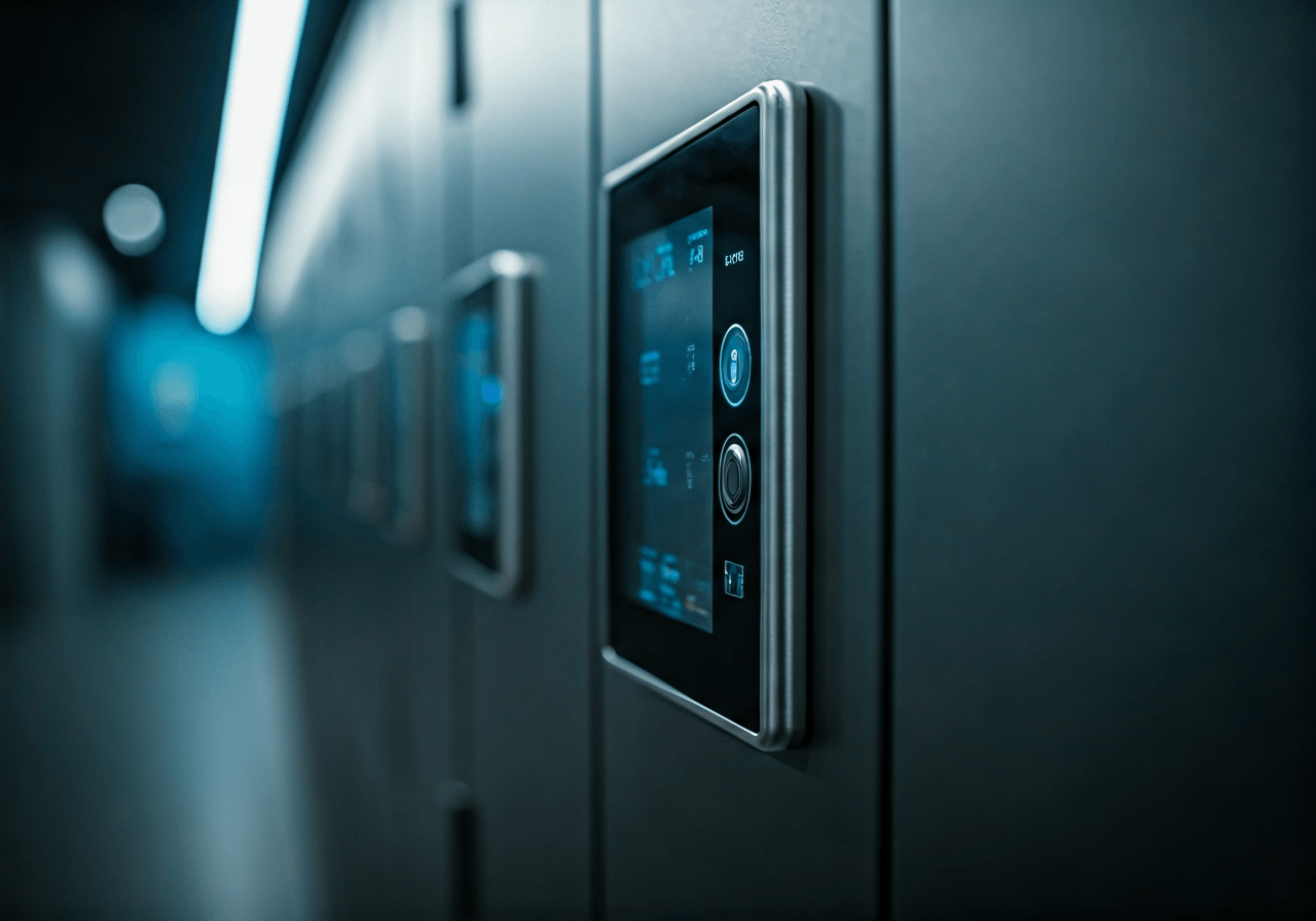 Aqualand Moravia úschovna zavazadel? (Vše co víme!) 3 Editorial photography, close-up of a high-tech electronic locker panel in a modern aqua park hallway, sleek metallic surfaces, soft blue ambient light, professional travel photography style, 85mm lens, no text, no letters