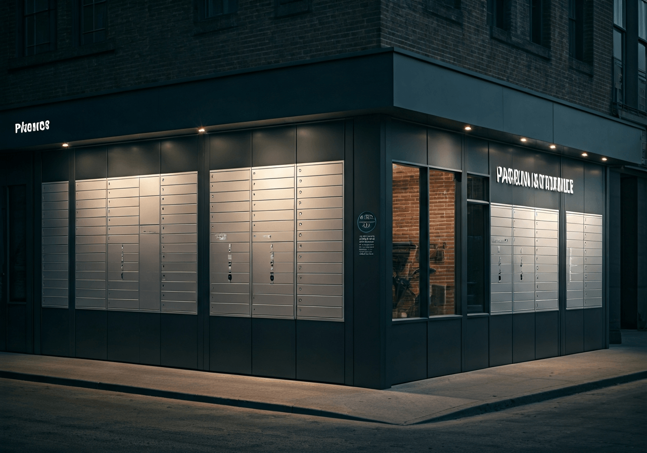 A dense network of modern, well-lit parcel locker stations and small shopfront pickup points seamlessly integrated into urban and suburban environments, editorial photography, modern, premium, soft natural light, 85mm lens, no text, no words, no letters