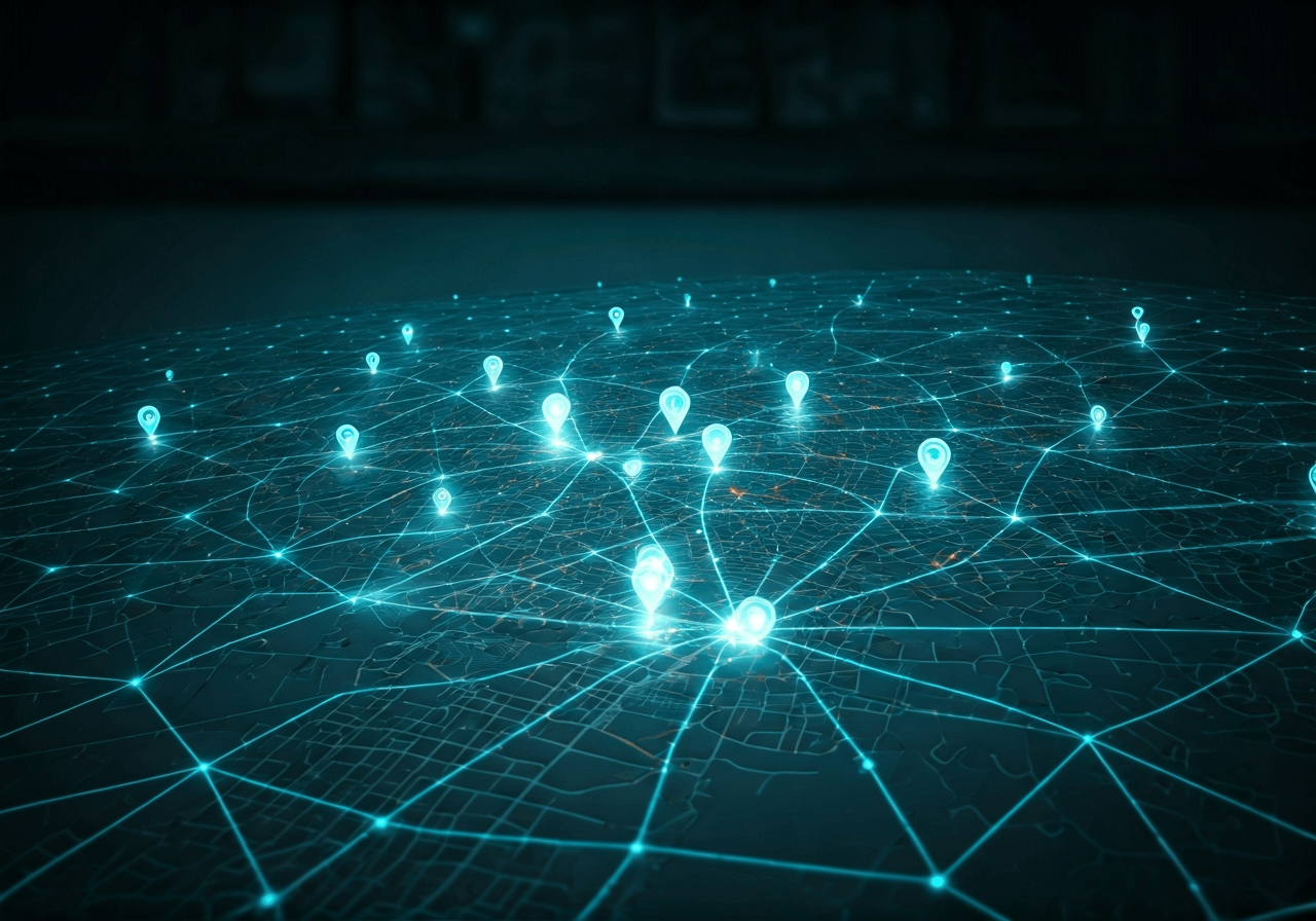 Editorial photography, a network of glowing interconnected delivery points spanning a modern city map, representing logistic network expansion, modern, premium, soft natural light, 85mm lens, no text, no words, no letters