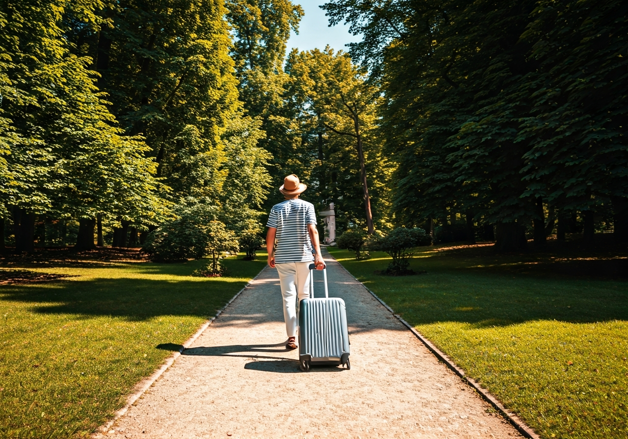 Úschovna zavazadel: Kam s kufrem v Františkových Lázních? 2 A stylish traveler walking through a sunny spa park in Františkovy Lázně without luggage, wearing comfortable resort wear, soft natural light, depth of field, premium editorial aesthetic, 85mm lens, no text, no letters