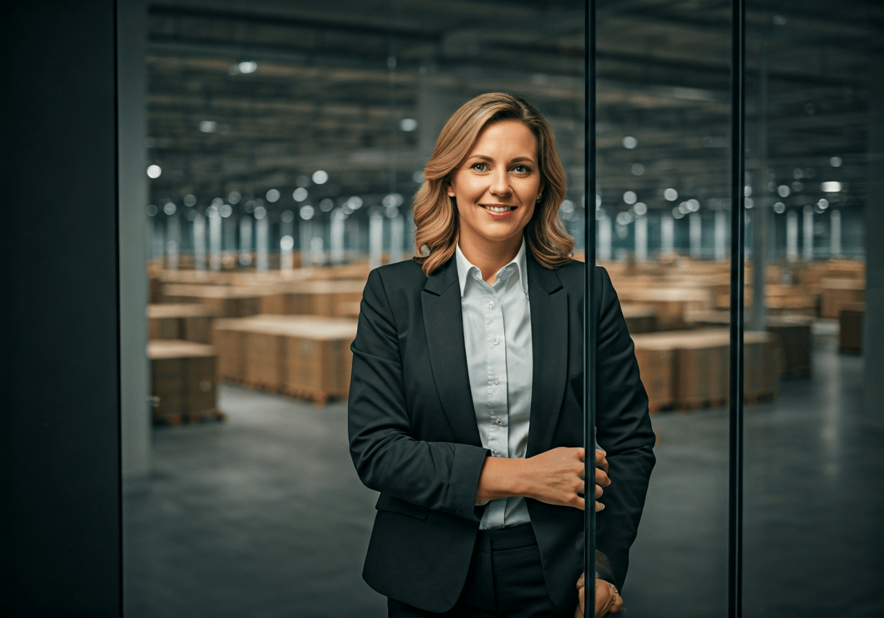 A professional female entrepreneur standing in a modern, glass-walled office with a view of a busy distribution center, soft natural light, editorial photography style, 85mm lens, clean composition, no text, no words, no letters