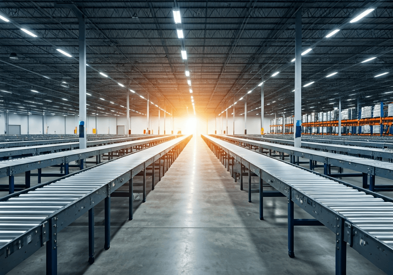 A professional logistics warehouse interior with modern scanning technology and neat conveyor belts, bright industrial lighting, editorial photography style, clean composition, 85mm lens, high resolution, no text, no words, no letters.