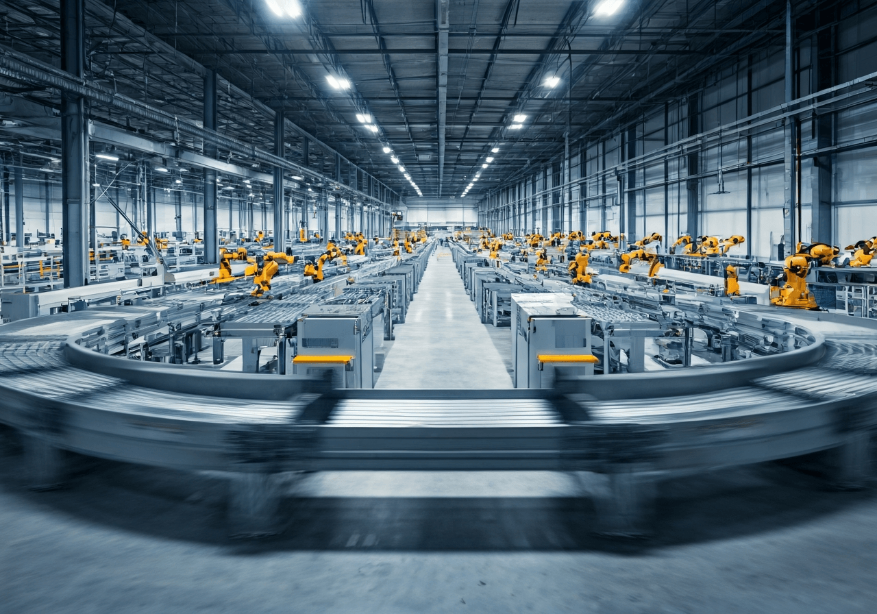 A wide-angle shot of a high-tech logistics warehouse interior with rows of automated robots sorting packages on a high-speed conveyor belt, sleek industrial aesthetic, soft natural light, depth of field, 85mm lens, highly detailed, no text, no words, no letters.