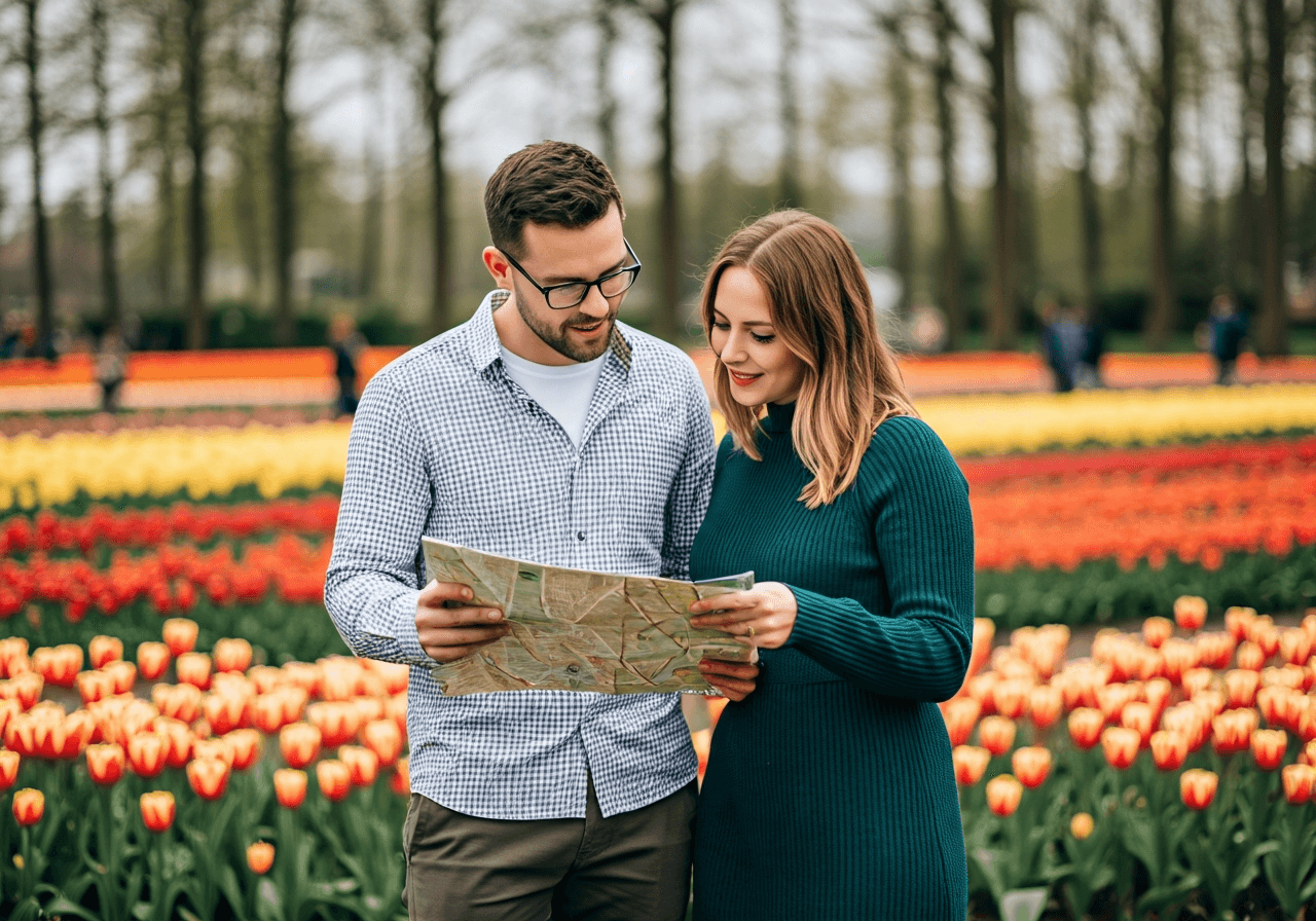 Editorial photography, a well-dressed tourist couple looking at a map outside Keukenhof gardens, vibrant tulip fields in the background, modern and clean environment, soft natural light, 85mm lens, highly detailed, no text, no words, no letters