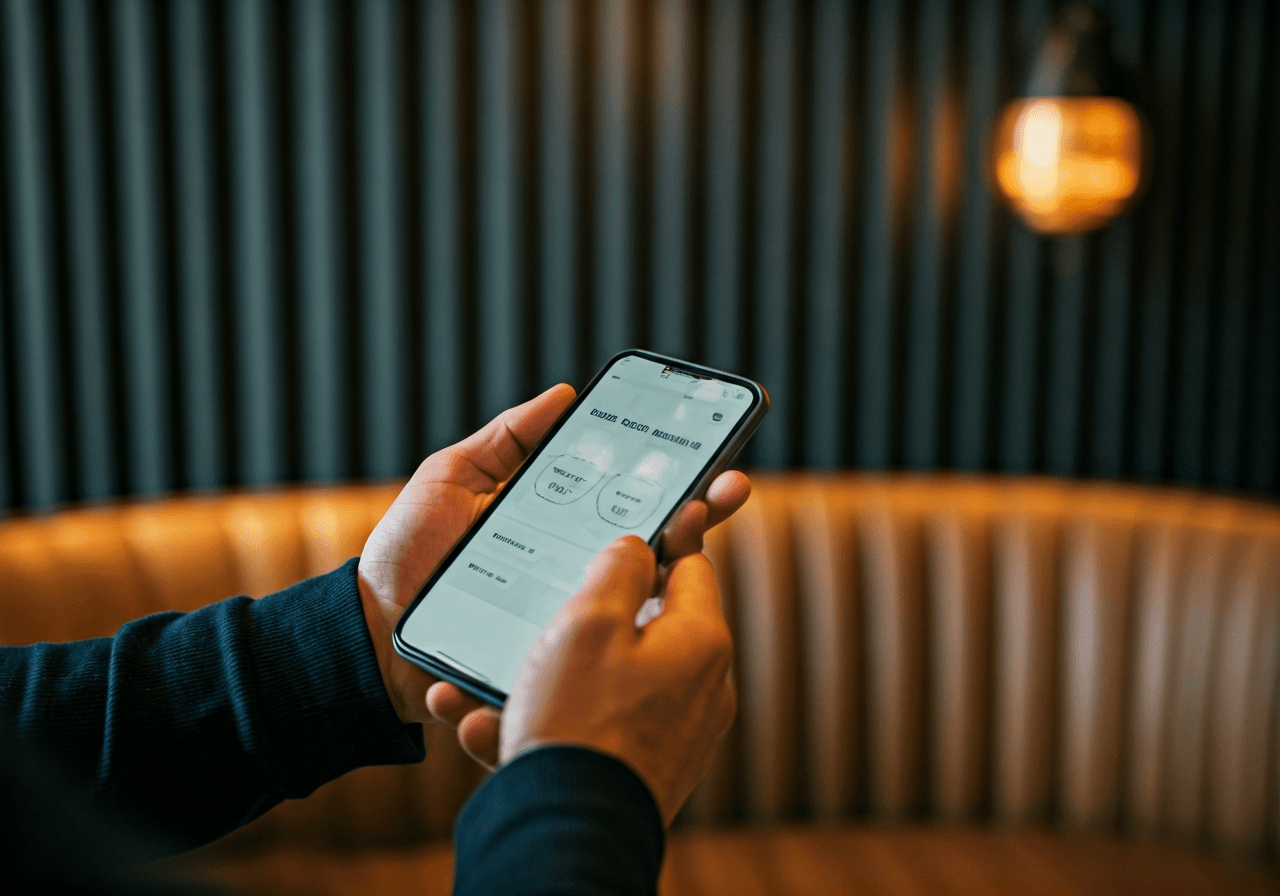 A professional traveler using a smartphone to book luggage storage in a stylish European hotel lobby, clean modern interior, editorial photography, soft natural light, 85mm lens, highly detailed, no text, no letters