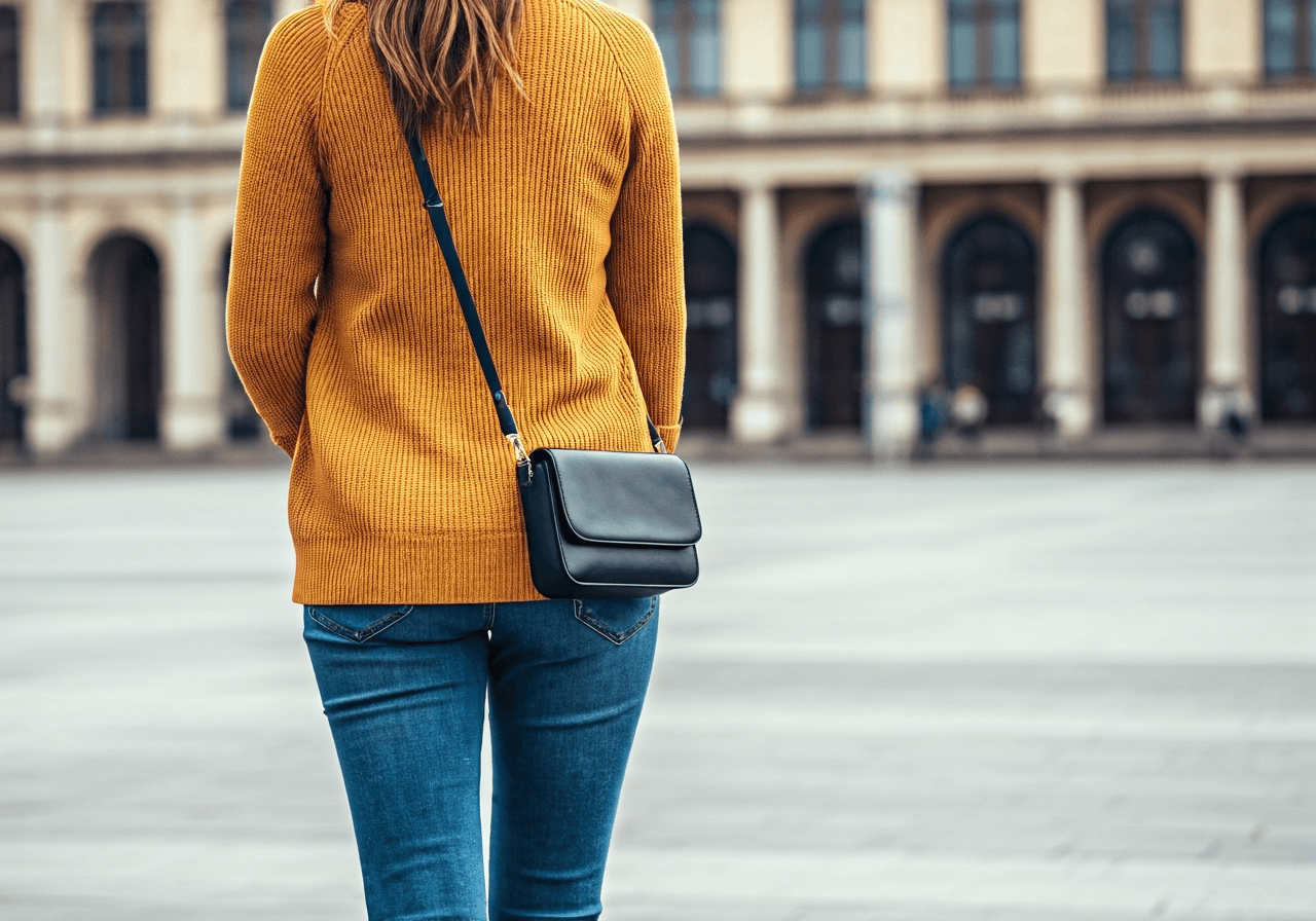 A stylish traveler walking through a European city square, hands free and relaxed, carrying only a small crossbody bag, modern urban background, soft natural sunlight, 85mm lens, editorial photography, no text, no words, no letters