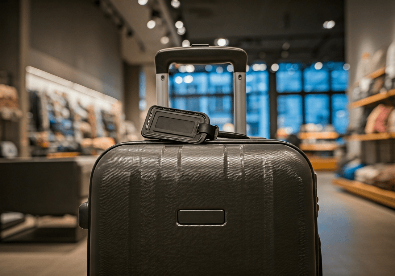 High-quality editorial photography of a secure luggage tag attached to a suitcase inside a modern, professional partner store, clean aesthetic, blurred interior background, soft natural lighting, 85mm lens, no text, no words, no letters