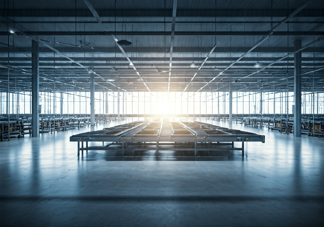 A wide-angle shot of a high-tech modern distribution center with automated sorting systems, clean minimalist aesthetics, soft daylight streaming through large windows, cinematic lighting, professional editorial photography, 85mm lens, no text, no words, no letters