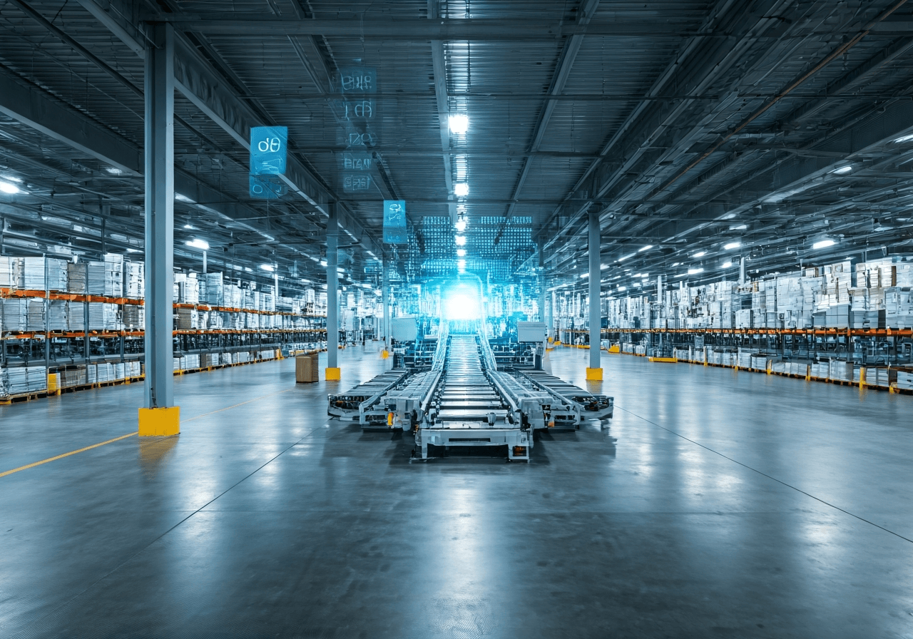 Modern warehouse interior, clean lines, automated sorting systems, glowing digital interface overlay, professional logistics photography, soft industrial lighting, 85mm lens, highly detailed, no text, no letters