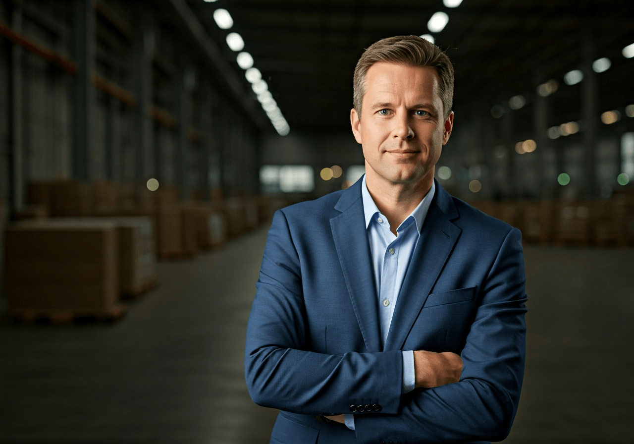 A professional portrait of a visionary business leader in a sleek, modern logistics hub, soft natural light, depth of field, 85mm lens, high-end editorial aesthetic, no text, no words, no letters.