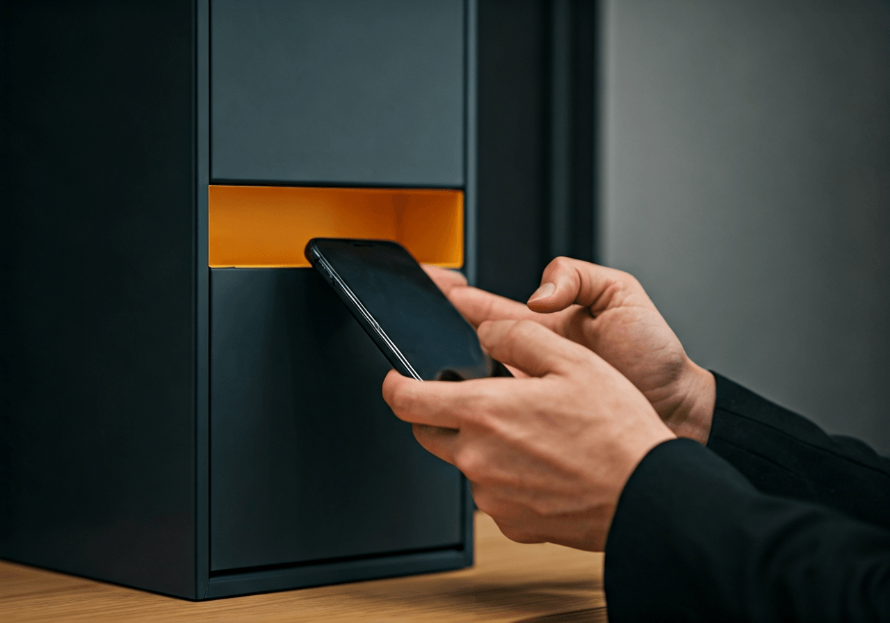 A person using a smartphone to send a parcel at a modern pick-up point, clean minimalist design, high-quality editorial photography, soft natural light, shallow depth of field, 85mm lens, no text, no words, no letters