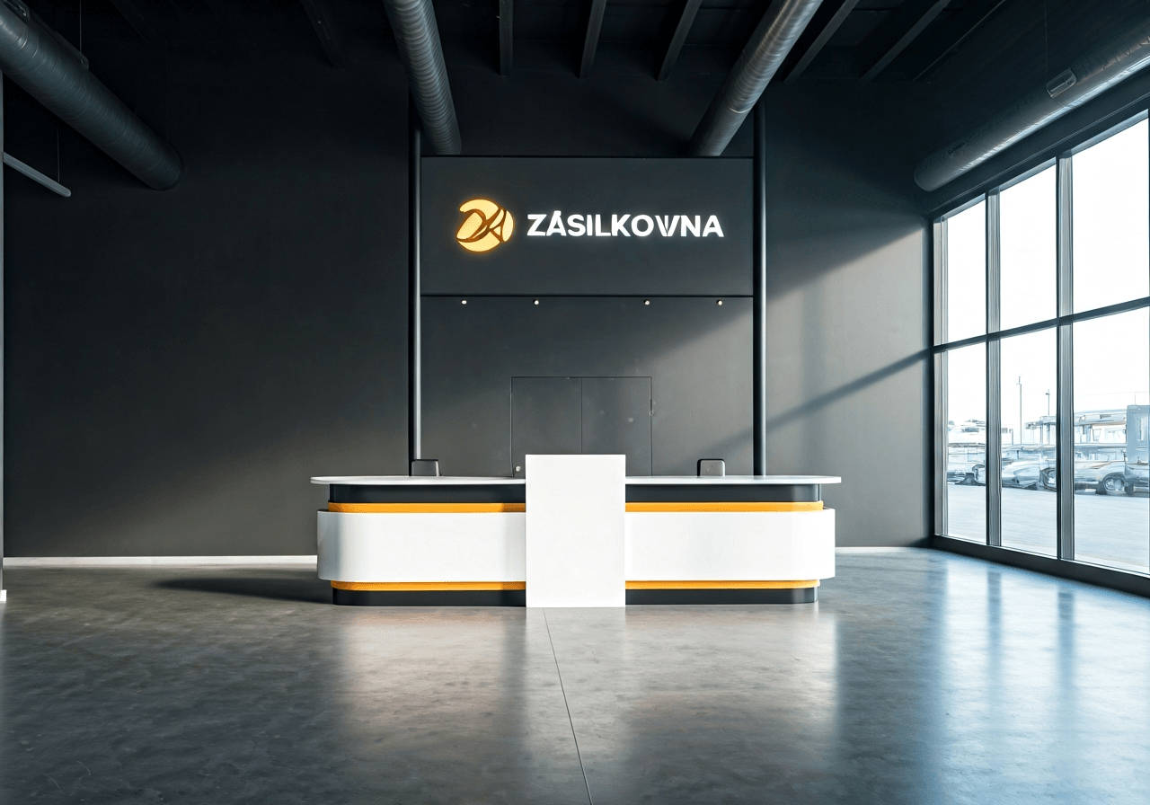 A modern, minimalist logistics hub interior featuring a sleek Zásilkovna service point, clean lines, professional branding aesthetic, soft natural daylight streaming through large windows, 85mm lens, high resolution, no text, no letters.
