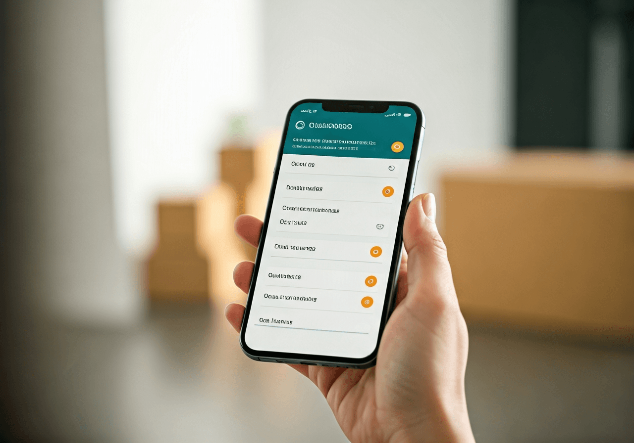 A close-up shot of a smartphone screen displaying a logistics tracking app interface, held by a person in a bright, modern minimalist office space, soft natural light, shallow depth of field, 85mm lens, high-end editorial photography, no text, no words, no letters.