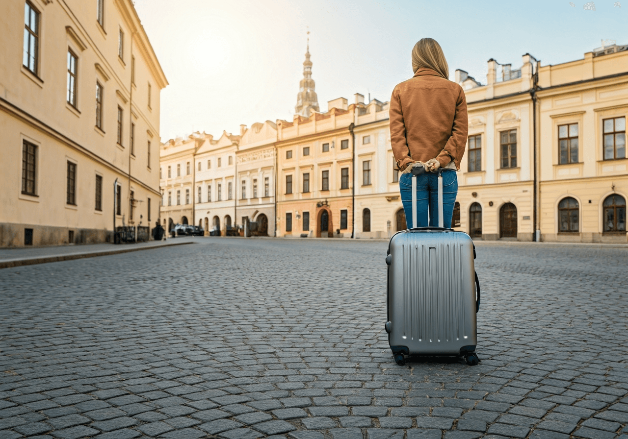 A traveler standing with a suitcase in a picturesque, historic town square in Litovel, soft natural light, editorial photography style, wide-angle lens, clean composition, no text, no words, no letters.