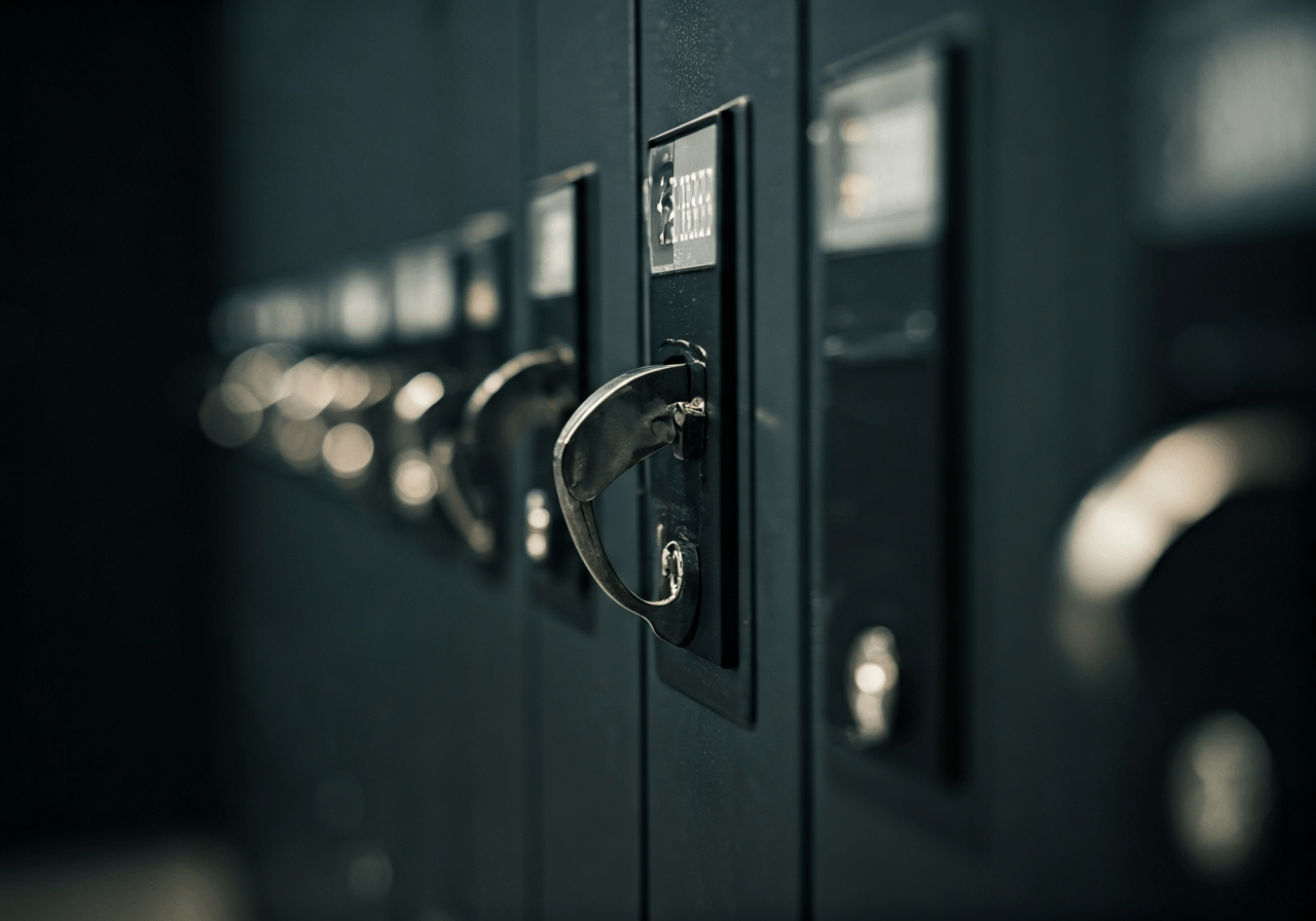 A close-up, professional shot of a secure luggage storage facility with digital locks and modern surveillance, clean aesthetic, editorial style, soft natural light, 85mm lens, highly detailed, no text, no letters