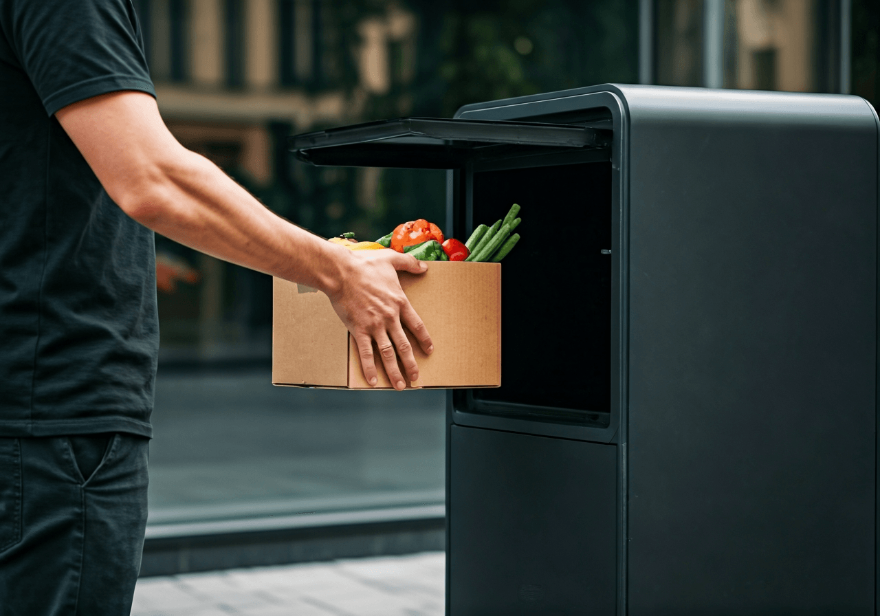 A professional delivery courier placing a healthy food box into a modern, sleek Z-BOX outdoor terminal, urban background, clean composition, editorial photography, soft natural light, 85mm lens, highly detailed, no text, no letters