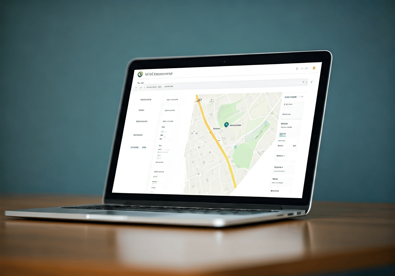 A professional laptop screen displaying a WooCommerce dashboard with a map integration for parcel delivery points, modern minimalist office background, soft natural lighting, editorial photography style, 85mm lens, high resolution, no text, no words, no letters