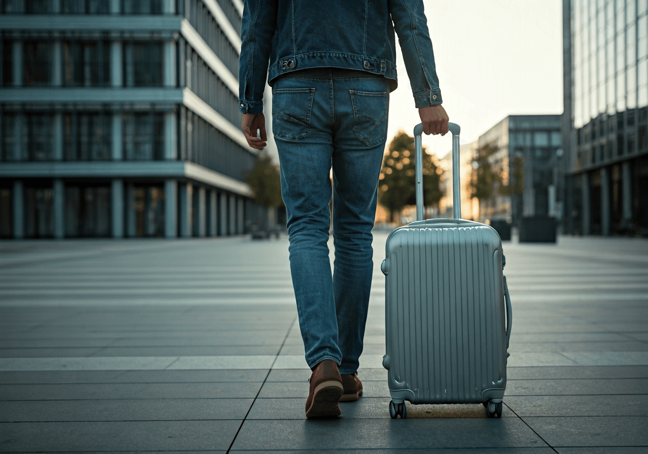 A stylish traveler walking hands-free through a modern European city square, minimalist suitcase safely stored, urban background, bright natural morning light, cinematic editorial style, 85mm lens, high resolution, no text, no letters