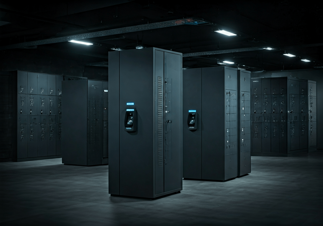 High-end professional luggage storage facility interior, secure digital lockers with biometric scanners, clean modern industrial design, soft ambient lighting, depth of field, 85mm lens, high resolution, no text, no words, no letters