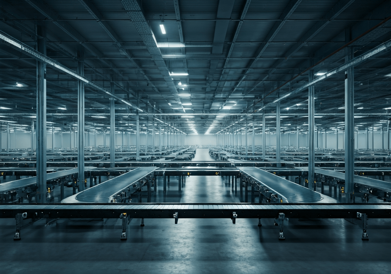 A wide-angle cinematic shot of a modern, automated logistics distribution center, sleek conveyors with glowing indicators, clean industrial design, high-tech interior, soft ambient studio lighting, premium editorial aesthetic, 85mm lens, no text, no words, no letters.