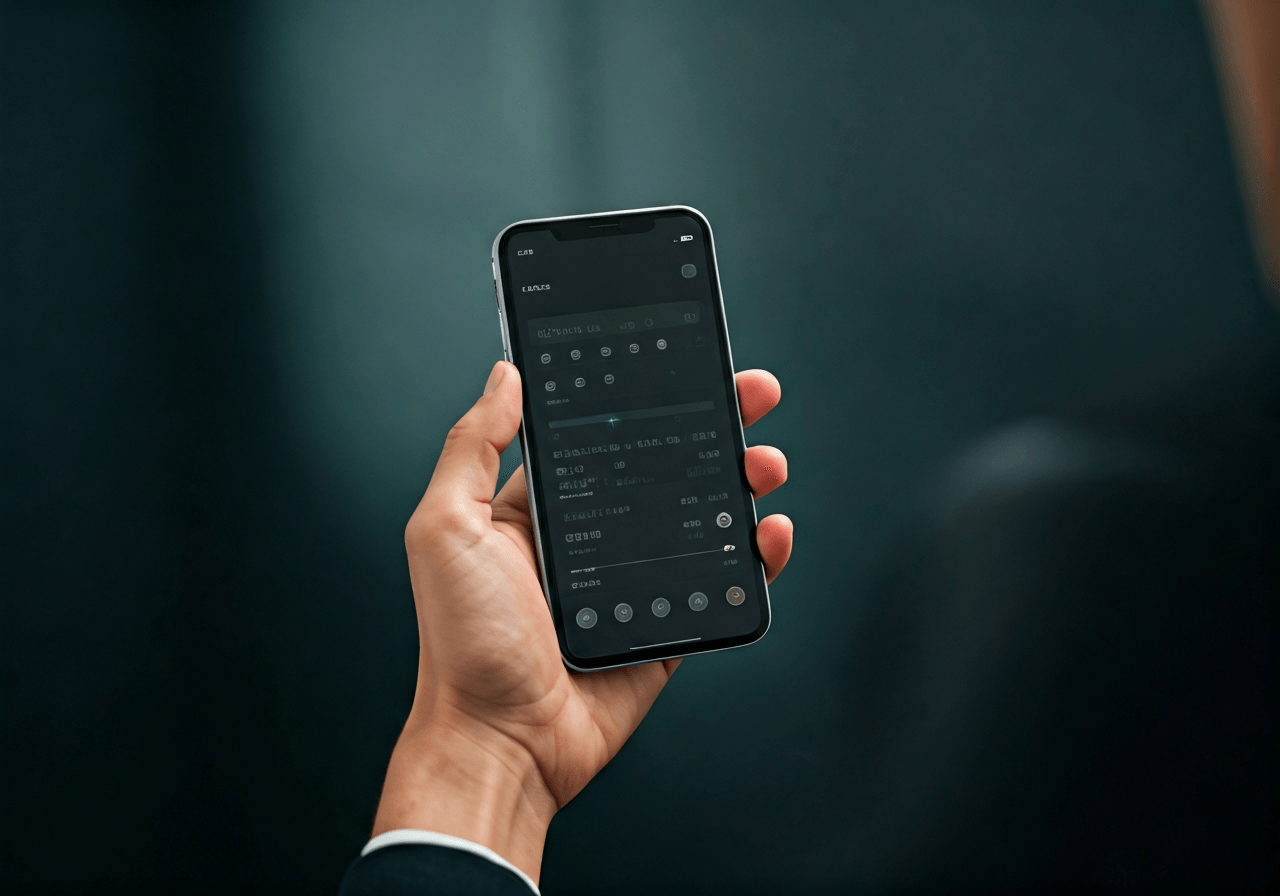 A minimalist smartphone held by a young professional in a modern, organized co-working space, displaying a tracking interface, soft natural light, shallow depth of field, premium editorial style, 85mm lens, no text, no words, no letters.