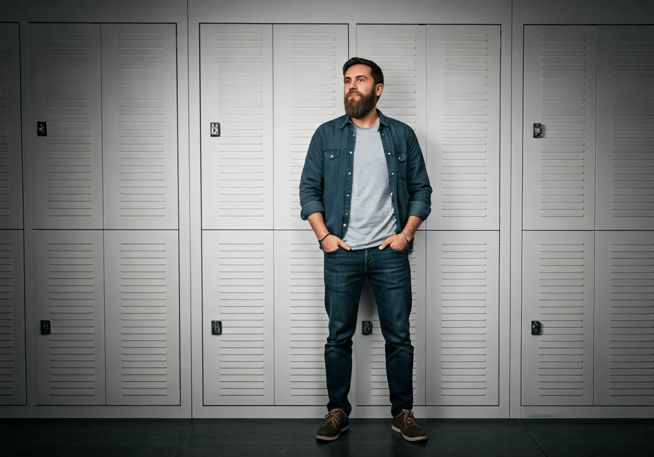 A professional traveler standing in a modern urban storage facility, sleek lockers, clean aesthetic, blurred city street background, editorial photography, soft natural light, 85mm lens, high quality, no text, no letters