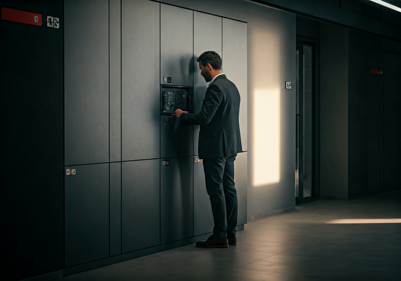 A professional traveler checking a secure, modern luggage storage locker in a clean, brightly lit metropolitan facility, editorial photography style, minimalist interior, soft natural light, 85mm lens, high resolution, no text, no words, no letters