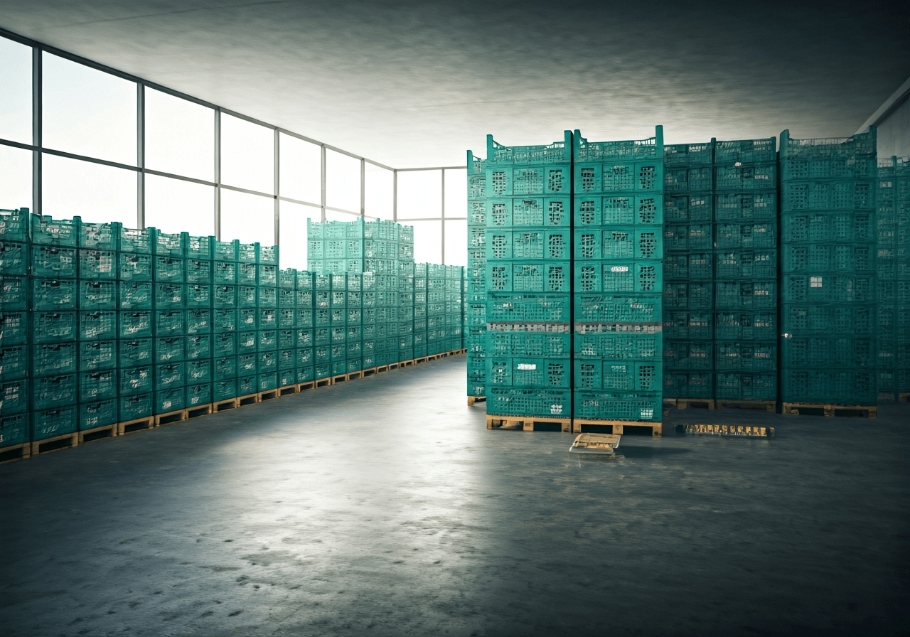 A high-end modern logistics warehouse interior with organized crates of fresh organic fruits and vegetables, minimalist design, bright clean aesthetic, soft natural sunlight filtering through windows, 85mm lens, professional photography, no text, no words, no letters.