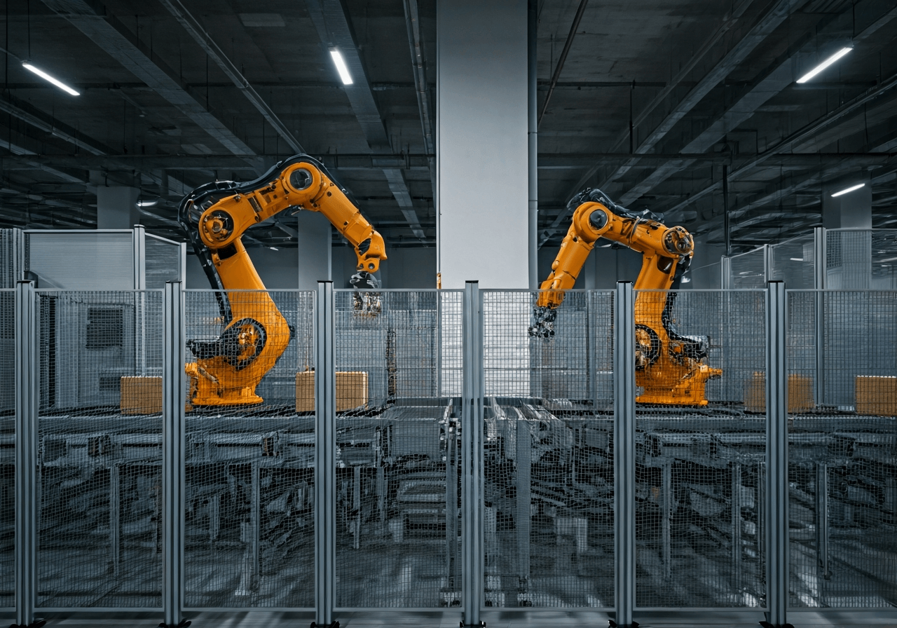 A high-tech automated sorting center for e-commerce, sleek robotic arms moving parcels, minimalist industrial design, soft natural lighting, editorial photography, 85mm lens, high resolution, no text, no letters