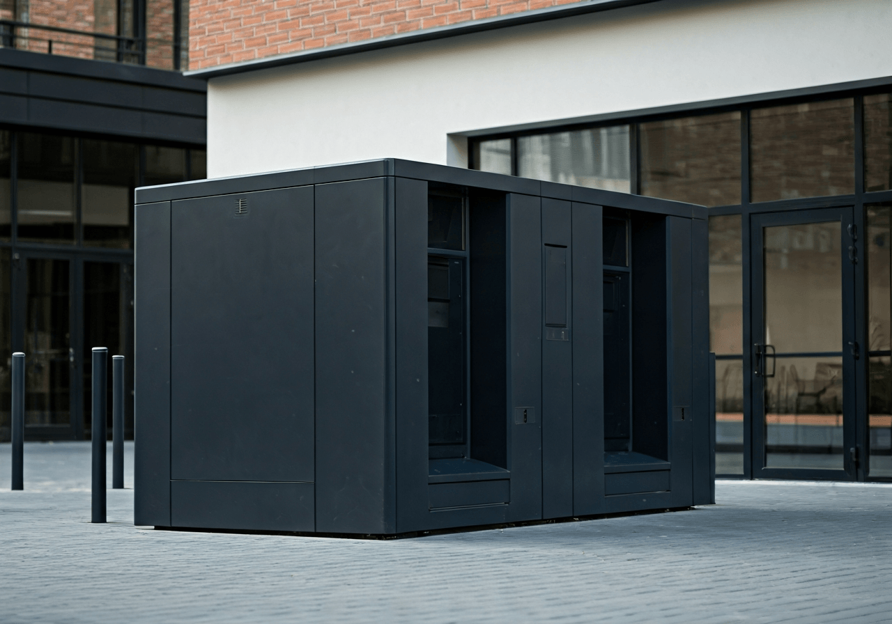 A sleek, modern automated parcel terminal located in an outdoor urban setting in Kunratice, clean minimalist design, editorial photography, soft natural light, 85mm lens, highly detailed, no text, no words, no letters