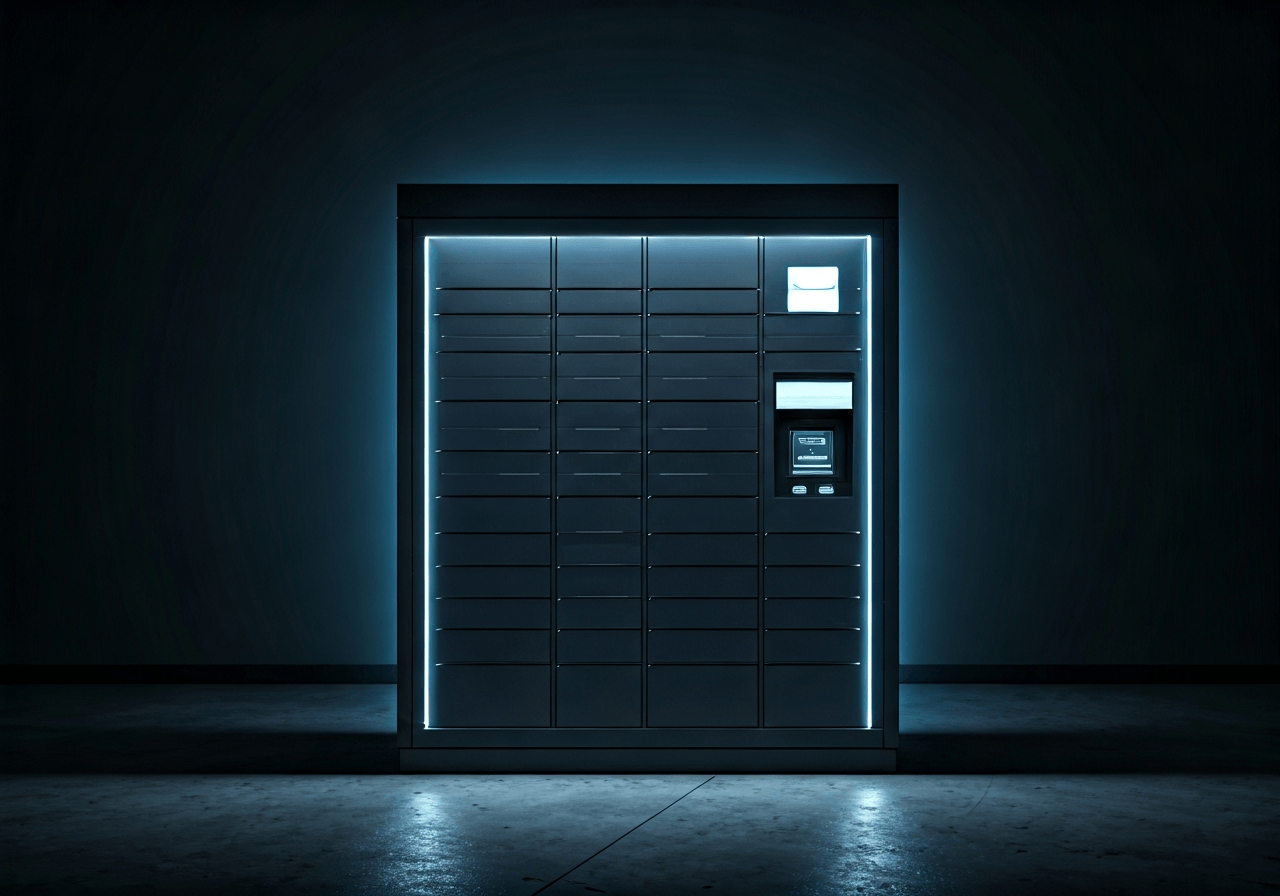 A high-tech automated parcel locker station at dusk, glowing interface, modern architecture, clean urban environment, editorial photography, soft ambient lighting, 85mm lens, highly detailed, no text, no letters