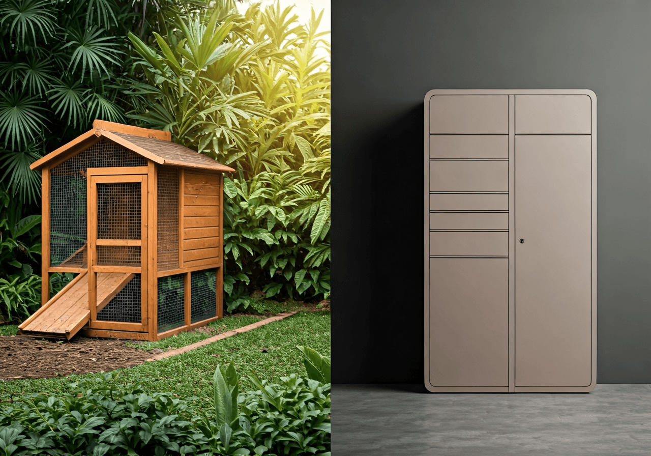 Coop box: Jak funguje a vyzvednete nákup za 1 minutu? 2 A split composition showing a wooden chicken coop in a lush garden on the left and a minimalist modern package delivery locker on the right, cinematic editorial photography, soft natural lighting, 85mm lens, high resolution, no text, no words, no letters.