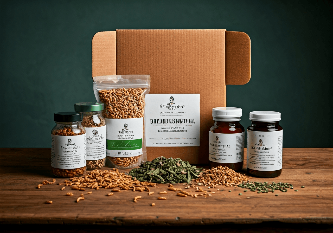 Coop box: Jak funguje a vyzvednete nákup za 1 minutu? 3 A high-end subscription box for backyard chickens containing organic grains, dried mealworms, and herbal supplements, arranged aesthetically on a rustic wooden table, soft natural light, editorial photography, 85mm lens, highly detailed, no text, no letters