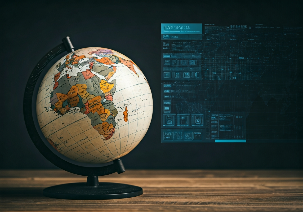 A conceptual close-up of a vintage globe and a modern digital map interface, emphasizing global postal systems, clean editorial aesthetic, professional lighting, soft bokeh, premium quality, no text, no letters