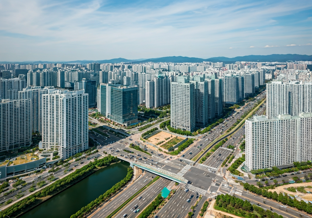 Aerial view of a modern Korean city grid, clean urban planning, high-tech infrastructure, soft natural light, editorial photography, 85mm lens, highly detailed, no text, no words, no letters