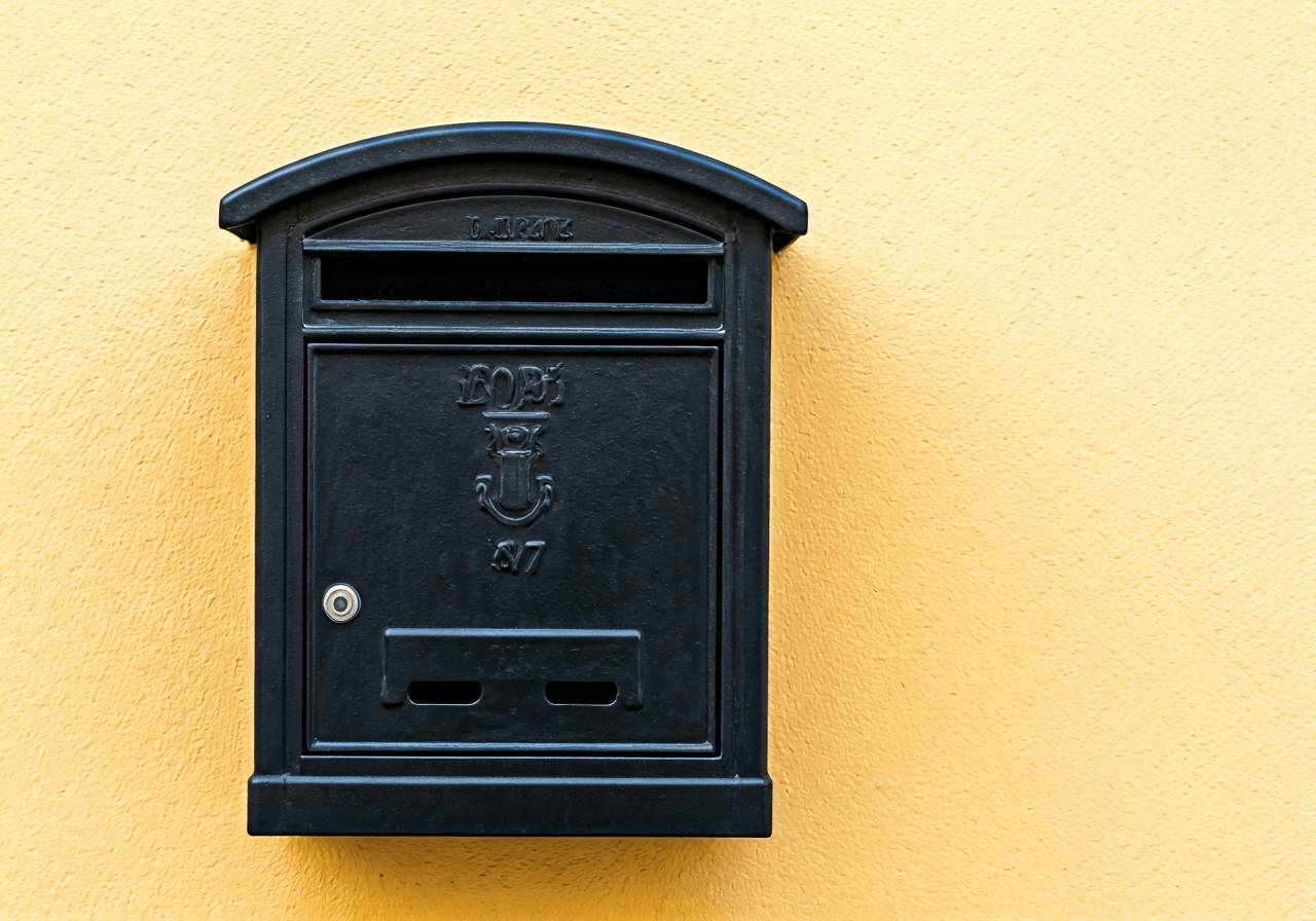 A professional, clean editorial shot of a vintage mailbox in the historic center of Dobříš, soft natural light, depth of field, 85mm lens, high resolution, no text, no letters.