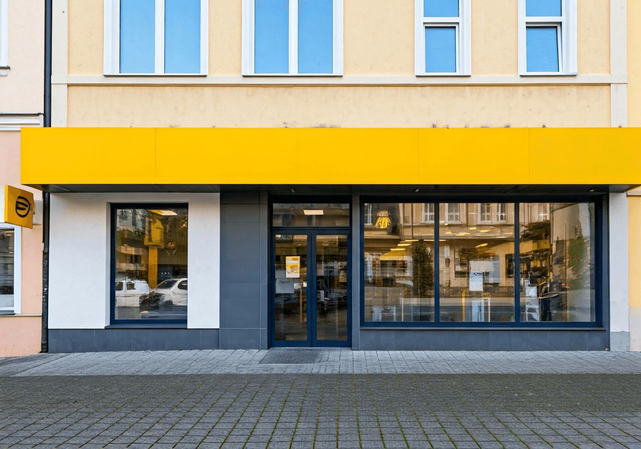 A professional, modern post office storefront in a small Czech town, clean architecture, bright daylight, authentic editorial style, 85mm lens, high quality, no text, no letters.
