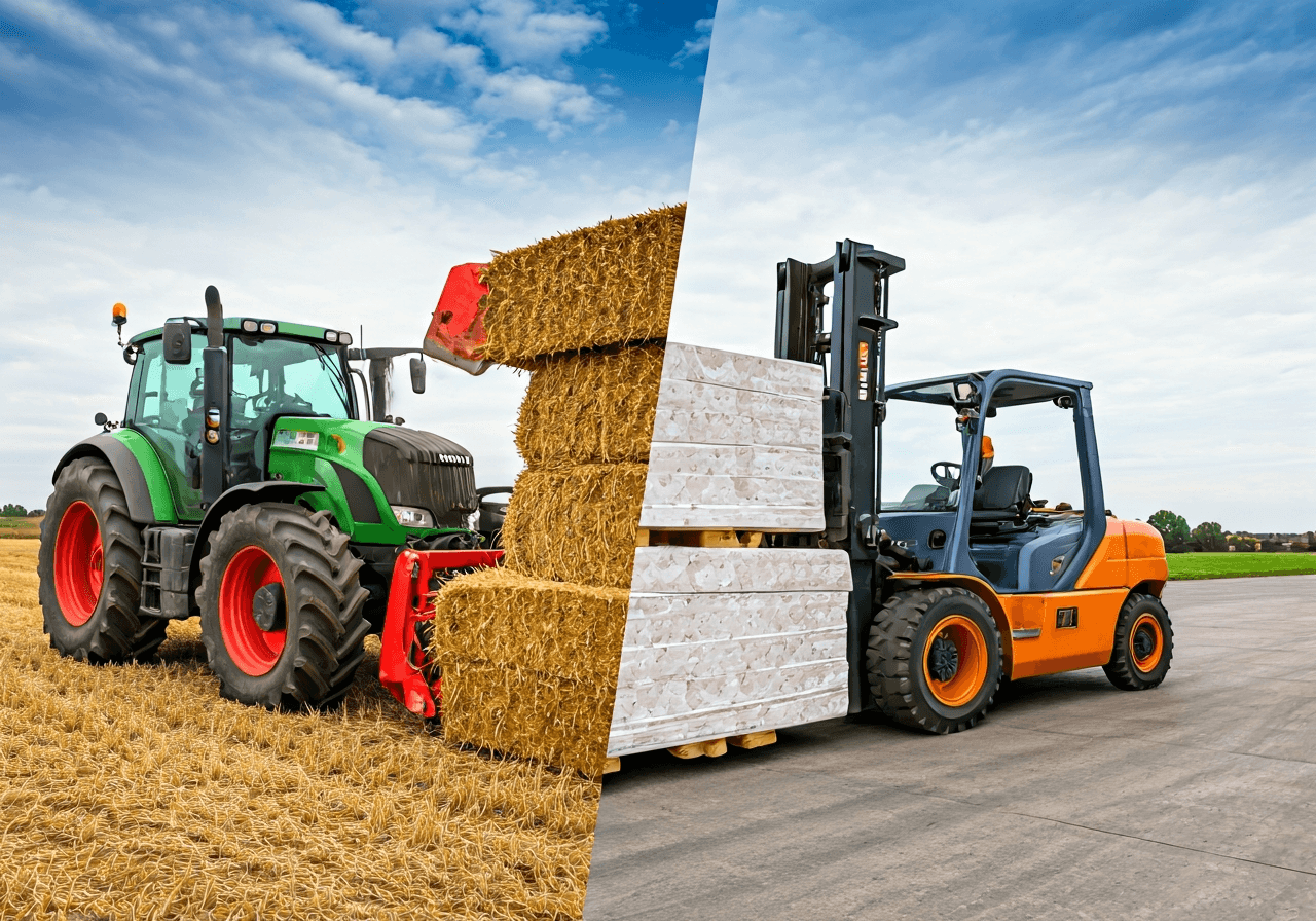 A split screen comparison showing a tractor with bale clamps handling straw bales on one side and a modern warehouse forklift with heavy-duty bale clamps handling compressed paper blocks on the other, professional editorial photography, clean warehouse and field environment, soft natural light, 85mm lens, no text, no words, no letters.