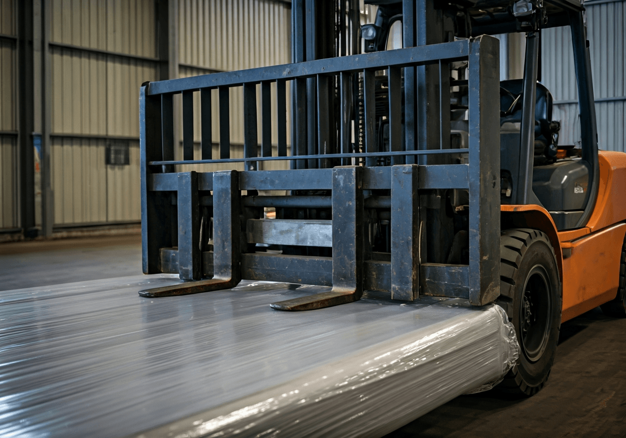 A high-tech industrial warehouse environment focusing on a forklift bale clamp handling a wrapped agricultural bale, extreme focus on the rounded metal edges of the clamp interacting gently with the protective film, soft natural lighting, industrial editorial style, 85mm lens, sharp details, no text, no letters
