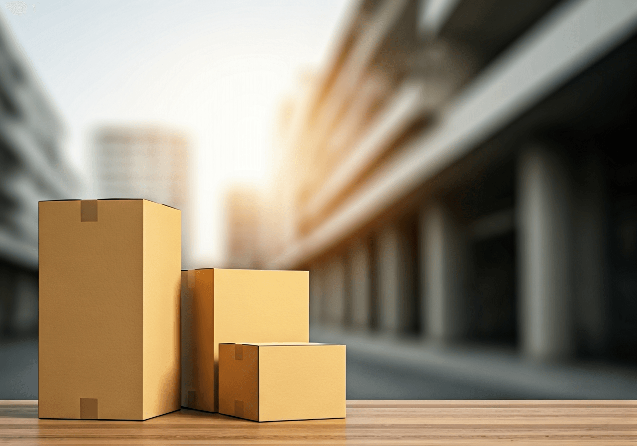 A professional logistics delivery station with modern parcels stacked neatly, blurred urban background, professional editorial aesthetic, soft natural light, 85mm lens, high resolution, no text, no words, no letters.