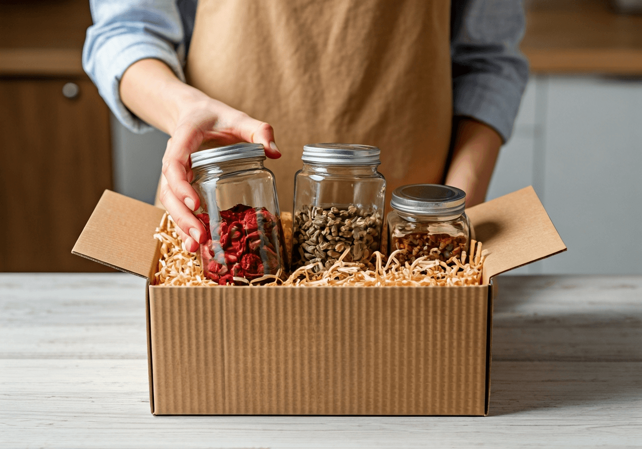 A professional nutritionist neatly packing glass jars of vitamins and dried organic superfoods into a corrugated cardboard box with recycled paper padding, bright airy kitchen background, soft natural lighting, editorial photography style, 85mm lens, high resolution, no text, no words, no letters.